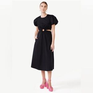 Scoop Cut out midi dress with O ring, puff sleeves, black, size L. NWOT